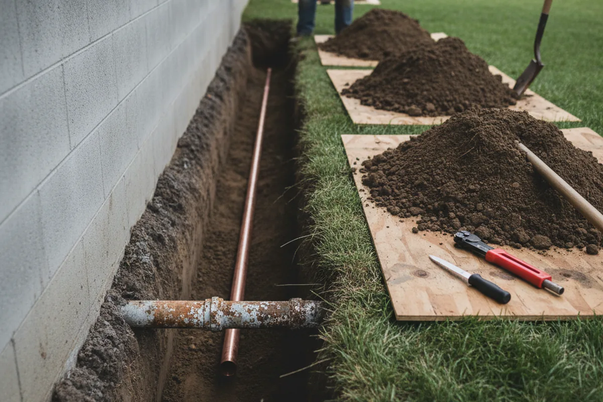 Excavated water line trench during Sewer Line Repair in Purdon